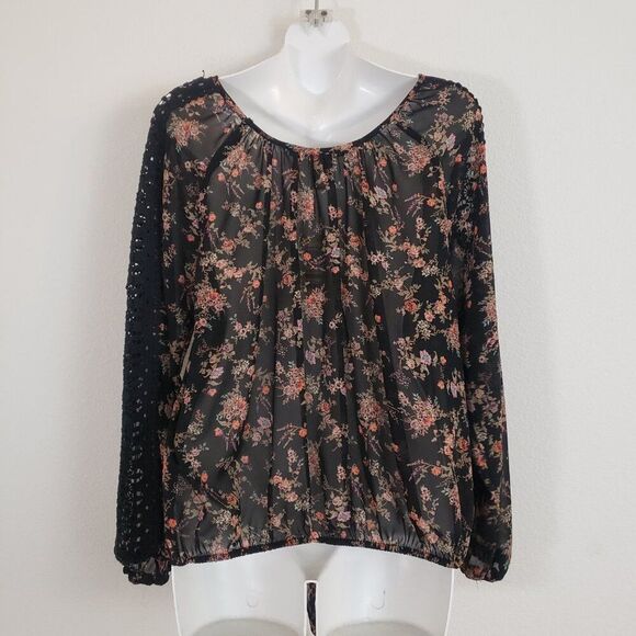 American Rag Cie Women's Top Medium Black Floral Boho Chic Flowy Crochet Tri - Picture 7 of 9